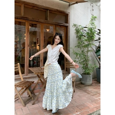 批发韩系蓝色碎花蛋糕裙半身裙女夏季高腰半裙小个子a字裙子大摆长裙