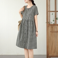 批发黑白格子短袖棉麻<b class='q'>连衣裙</b>女2026夏季新款休闲文艺气质宽松显瘦裙子