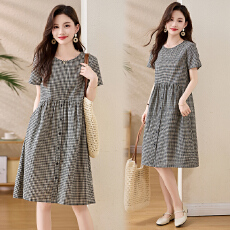 批发官图格子短袖棉麻<b class='q'>连衣裙</b>女2026夏季新款休闲文艺气质宽松显瘦裙子