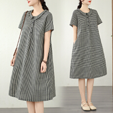 批发黑白格子棉麻<b class='q'>连衣裙</b>女2026夏新款宽松显瘦娃娃领减龄休闲衬衫裙子