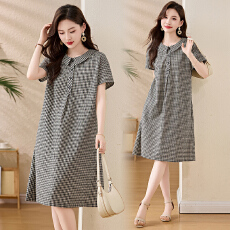 批发官图格子棉麻<b class='q'>连衣裙</b>女2026夏新款宽松显瘦娃娃领减龄休闲衬衫裙子