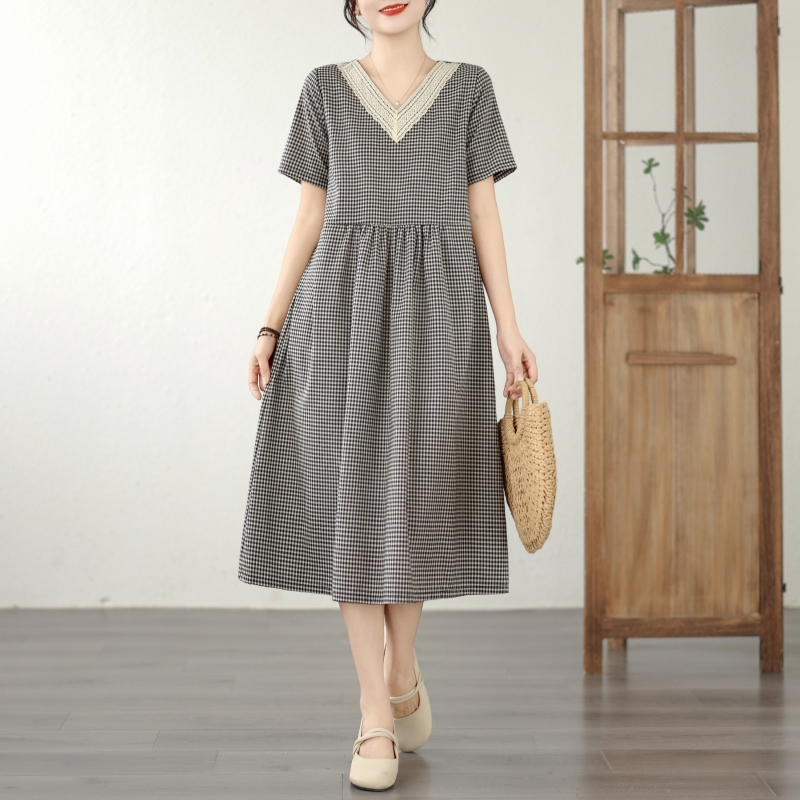 도가 3xl 사이즈 캐주얼 체크무늬 여성 드레스 26 여름 새로운 V넥 레이스 조각 루즈핏 슬림해 보이는 치마