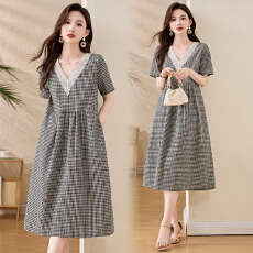 批发官图时尚休闲格子<b class='q'>连衣裙</b>女2026夏季新款V领蕾丝拼接宽松显瘦裙子