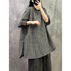 批发官图2026夏季新款格子棉麻上衣女高端亚麻T恤<b class='q'>衬衫</b>宽松大码高级感