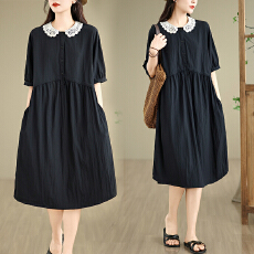 批发2026实拍花边领好质量大码连衣裙韩版日系遮肚显瘦短袖连衣裙