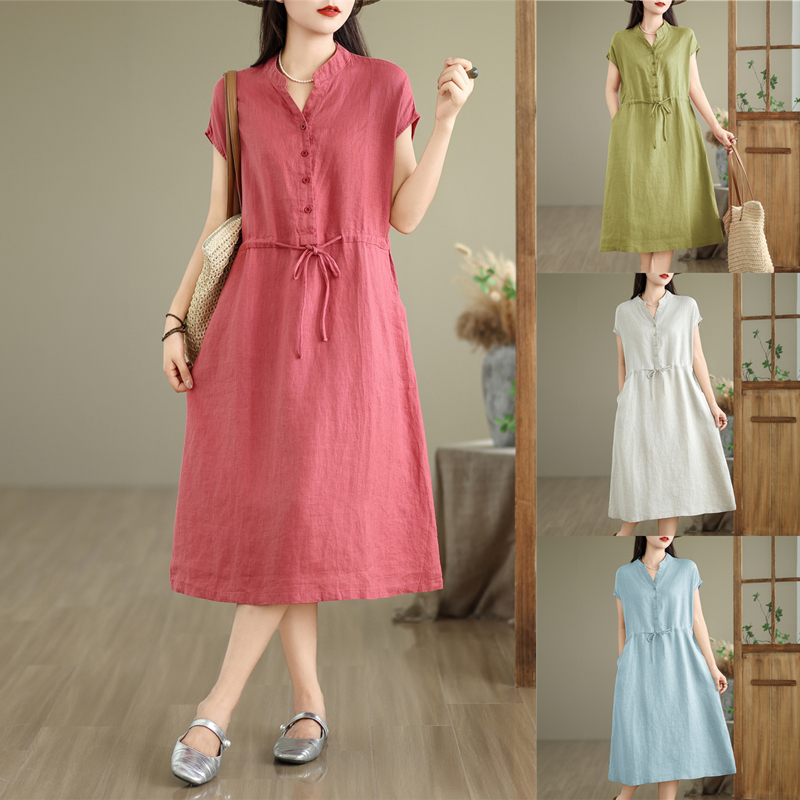 RY1486# 实拍棉麻连衣裙显瘦气质时尚休闲夏季收腰系带韩版纯棉100棉