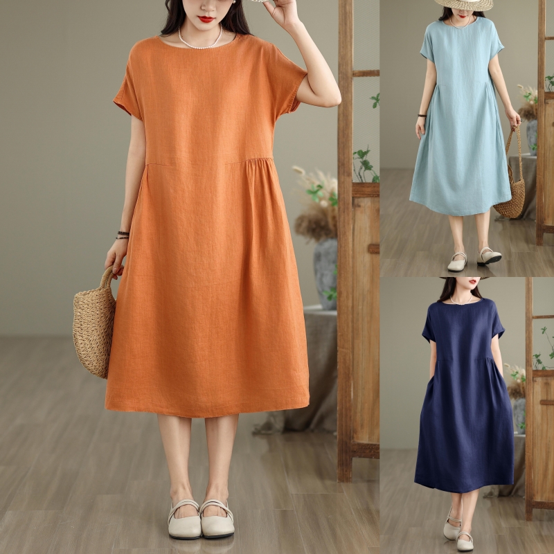 RY1485# 实拍2026夏新款一字领日系韩版连衣裙圆领亚麻纯棉显瘦遮肉连衣裙