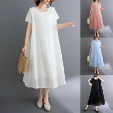 批发实拍 2026新款韩版<b class='q'>外贸</b>旅游度假风圆领大码蕾丝<b class='q'>连衣裙</b>女