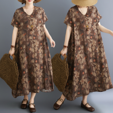 批发实拍 26夏季印花度假风旅游V领复古遮肉不规则长裙棉麻连衣裙