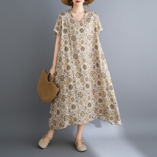 批发实拍 26夏季印花度假风旅游V领复古遮肉不规则长裙棉麻连衣裙