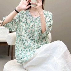 批发2026韩版大码显瘦印花文艺复古衬衣棉麻<b class='q'>妈妈</b>休闲裤夏季套装女