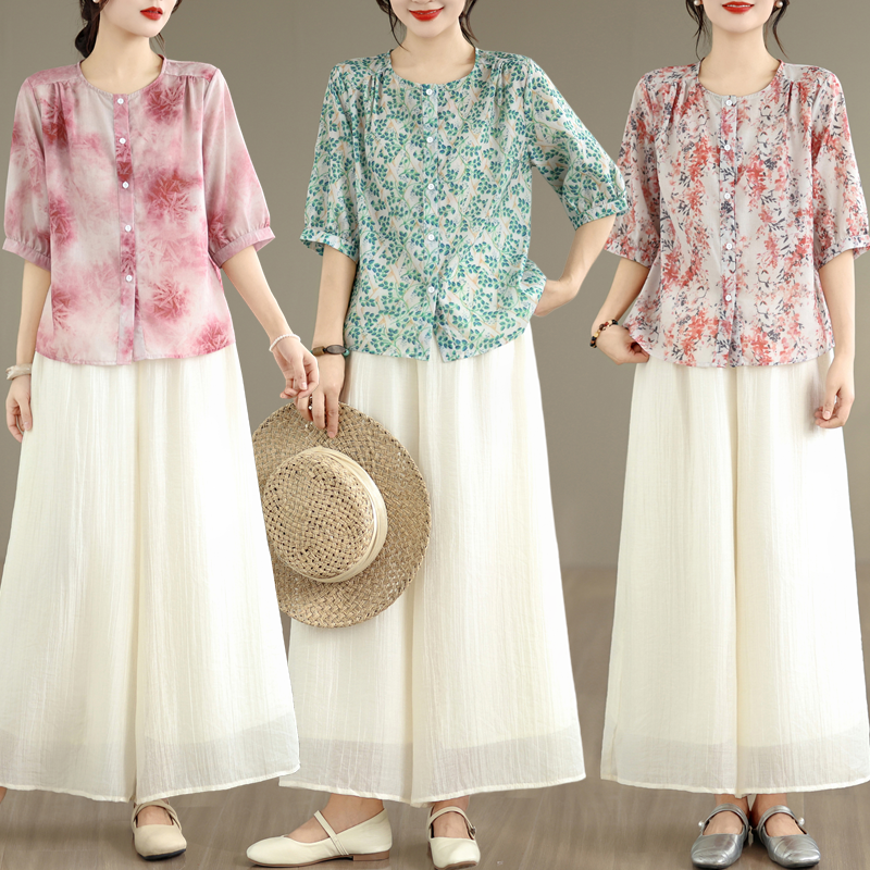 RY3668# 实拍2026韩版大码显瘦印花文艺复古衬衣棉麻妈妈休闲裤夏季套装女