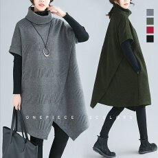 批发高领短袖不规则连衣裙日韩外贸套衫马甲裙加厚纯色休闲显瘦百搭