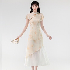 批发新中式国风改良旗袍女素雅典雅大气日常显瘦年轻款时尚提花连衣裙
