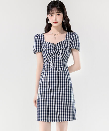 레트로 체크무늬 드레스 2026 여름 새로운 여성 의류 거품 소매 다이아몬드 칼라 영 섹션 작은 대중 아니요 명중 섹션 치마