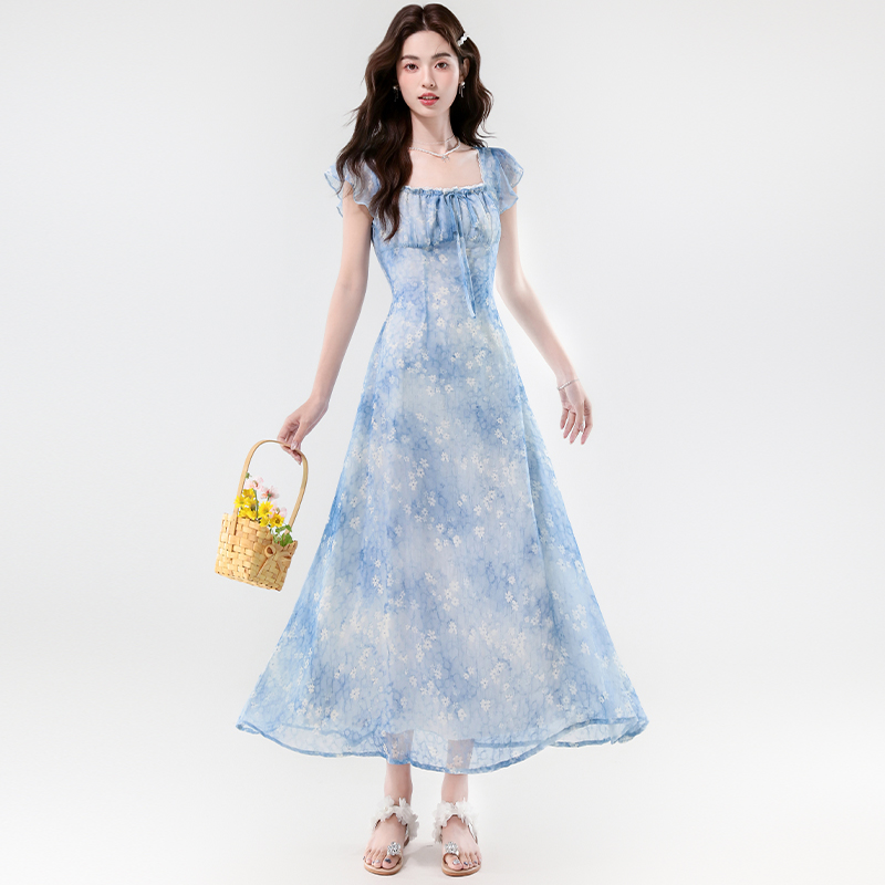 RY369# 法式碎花仙女连衣裙夏季方领水彩印花温柔设计感收腰显瘦A字长裙