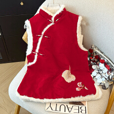 批发复古民国风红色刺绣小兔拜年服旗袍马甲女2025年秋冬新款气质优雅