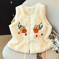 批发新中式国风马甲外套女2025秋冬年轻款民族风绣花毛毛坎肩马夹上衣