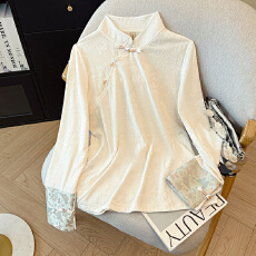 批发实拍加绒加厚国风提花长袖打底衫女新中式立领气质拼接长袖内搭