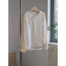 批发新中式米白提花刺绣衬衫女斜襟盘扣上衣国风蕾丝长袖内搭打底