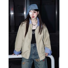 批发原版面料假两件外套撞色拼接格子夹克女男宽松oversize外套上衣