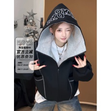 批发重磅复合刺绣连帽卫衣字母明线外套春秋男女情侣潮上衣美式拉链