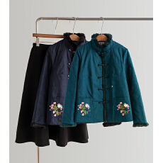 批发秋冬中国风民族风复古一字扣直襟立领精致刺绣夹棉舒适棉衣外套