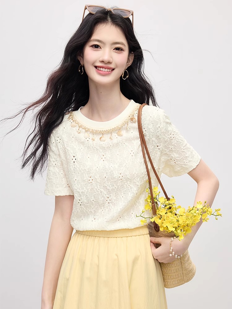 웨이브 웨스트 휴가 바람 연령 감소 무거운 작업 홀로우 아웃 자수 비즈 박기 라운드 넥 티셔츠 맨위 반팔 여성 여름