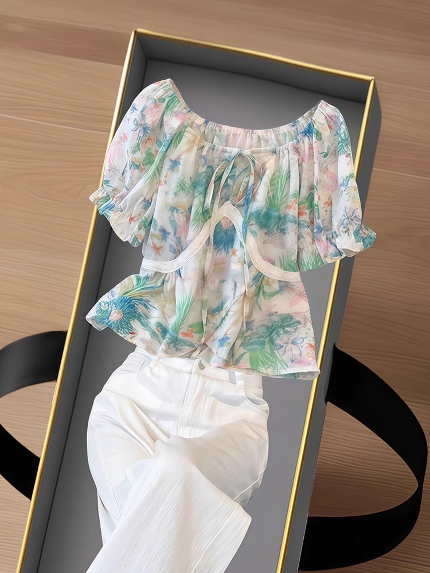 한 부서 전원 바람 프린트 스트랩 버블 반팔 여성 셔츠 여름 새로운 작은 키 쇼트 스타일 아름다운 맨위 트렌디