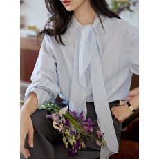 批发蓝色飘带落肩条纹<b class='q'>长袖</b>天丝<b class='q'>衬衫</b>女春秋季法式复古气质上衣