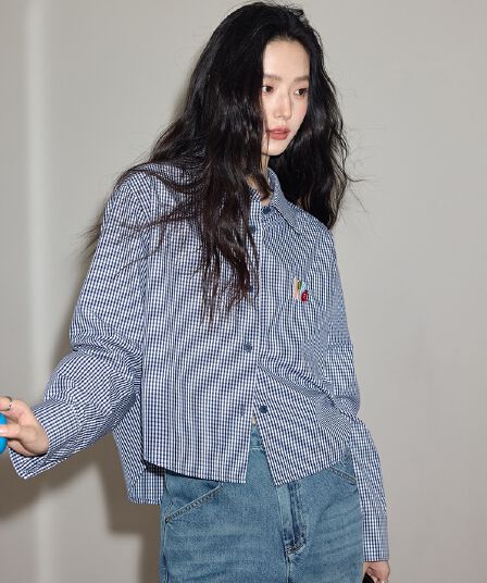 출퇴근 품격 블루 화이트 그리드 체크무늬 알파벳 자수 여성 셔츠 봄 가을 쇼트 스타일 슬림해 보이는 긴팔 캐주얼 셔츠