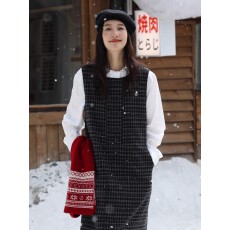 批发羊毛混纺法式学院风圆领无袖背心裙复古格纹加厚保暖连衣裙