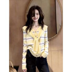 批发温柔风好看黄白色条纹针织衫披肩女减龄显瘦通勤穿搭2026春季新款