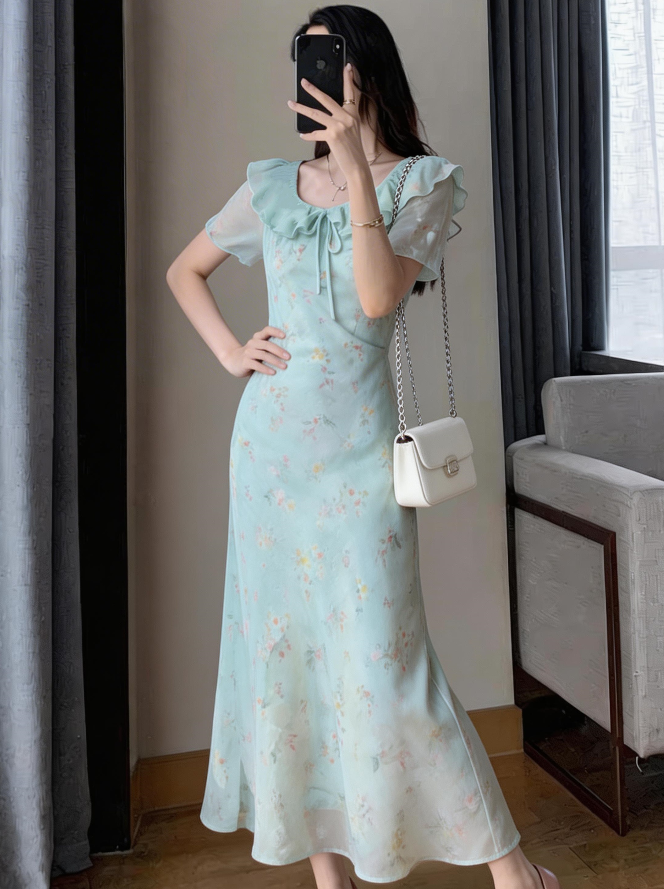 프릴 프랑스식 여성 드레스 2026 여름 새로운 인기 꽃무늬 하이웨이스트 꽃무늬 롱 스커트