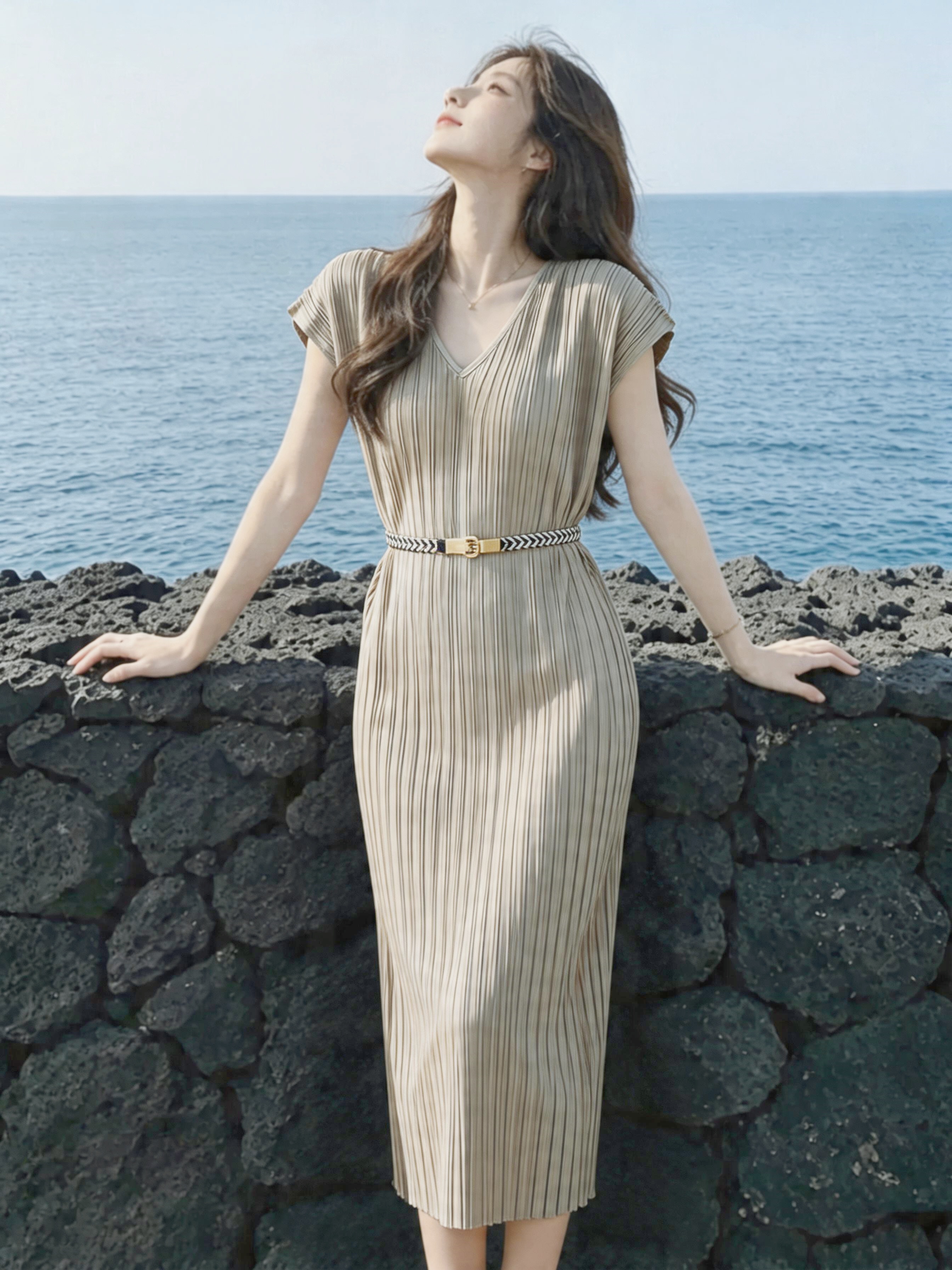 드레스 여름 드레스 옷 명문 여성 외국 가스 위엄있는 대기 여성 의류 품격 세 하우스 주름 중간 길이 치마