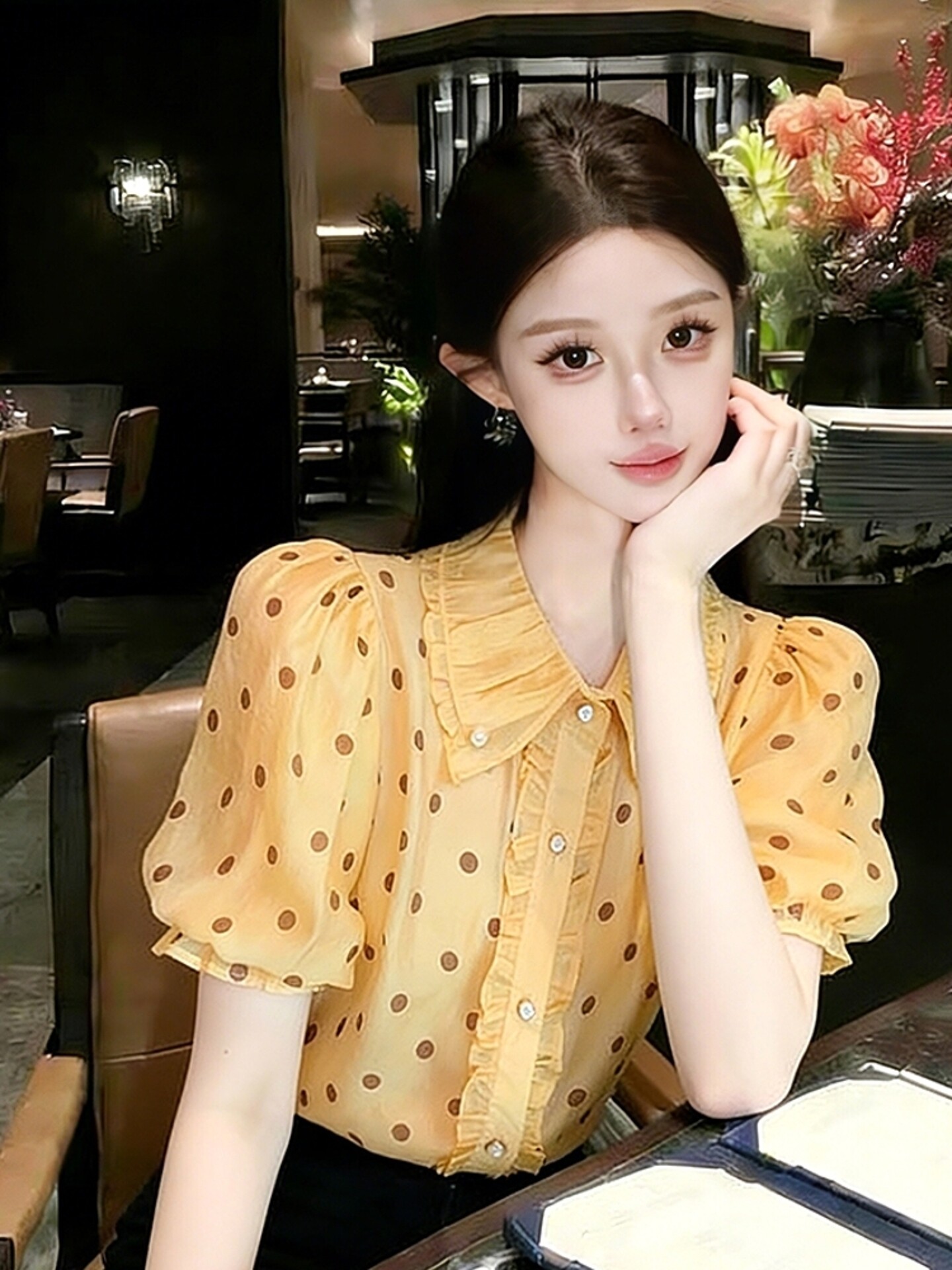 고급 센스 빛 럭셔리 연령 감소 외국 가스 자이언트 잘 생긴 황색 도트 무늬 셔츠 2026 봄 새로운 프랑스식 사소한 맨위