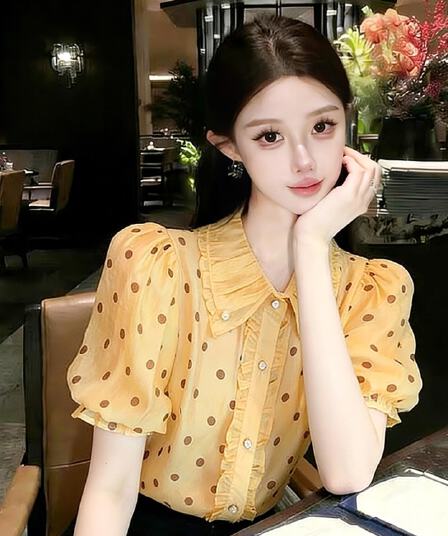 고급 센스 빛 럭셔리 연령 감소 외국 가스 자이언트 잘 생긴 황색 도트 무늬 셔츠 2026 봄 새로운 프랑스식 사소한 맨위