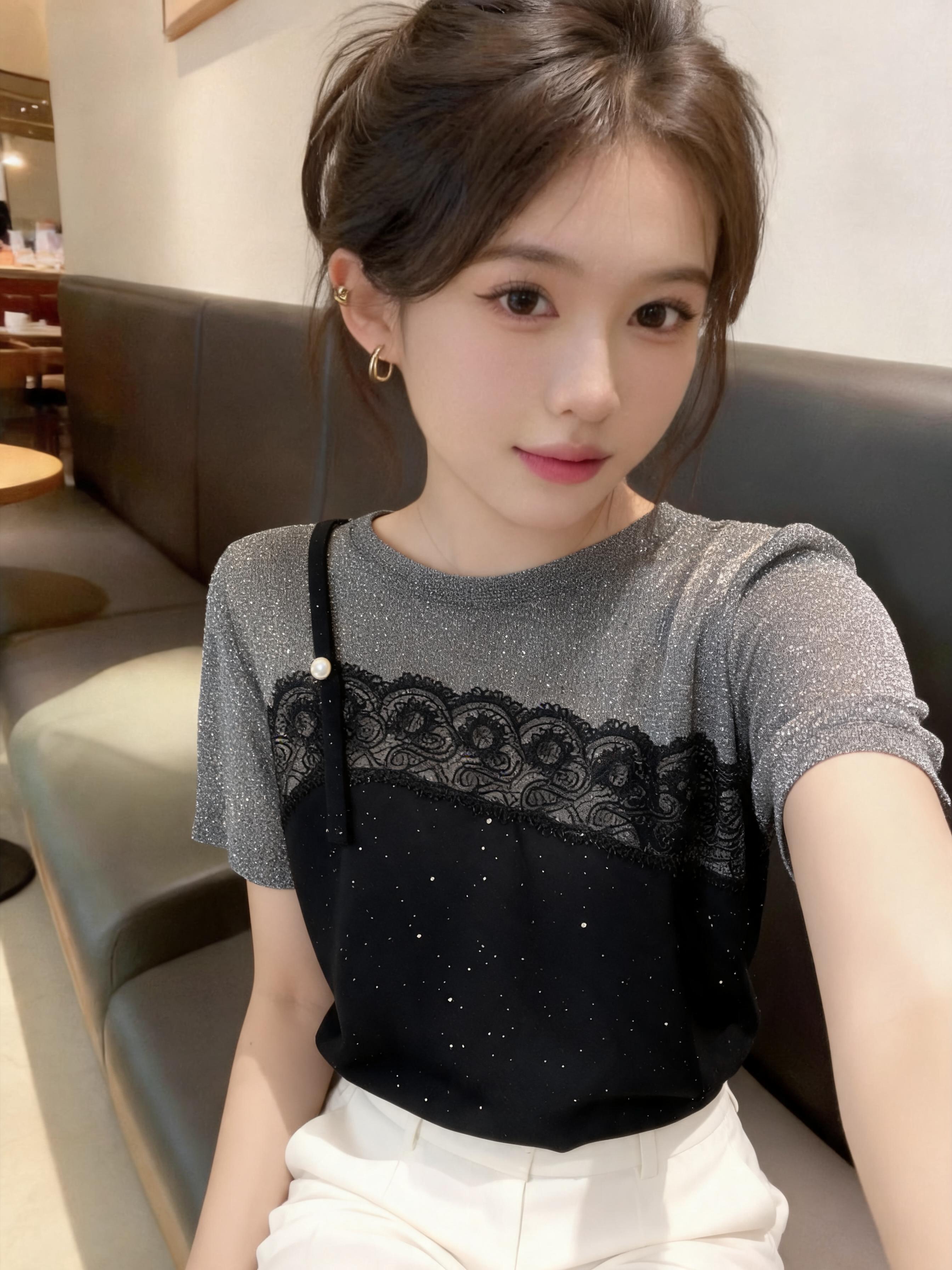 페이크 레이어드 레이스 조각 빛나는 반팔 티셔츠 여성 빅 사이즈 슬림해 보이는 외국 가스 루즈핏 맨위