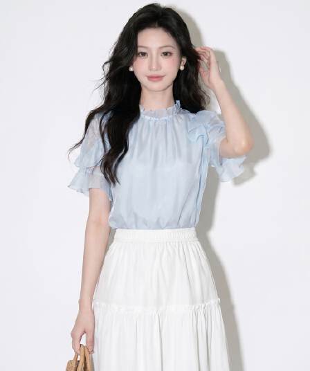 여름 새로운 프랑스식 출퇴근 바람 연꽃 잎 소매 레이스 칼라 쉬폰 셔츠 파란색 고급 센스 부드러운 맨위