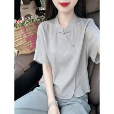 批发新中式立领仿<b class='q'>亚麻</b>衬衫女夏改良盘扣刺绣短袖宽松国风气质小衫上衣
