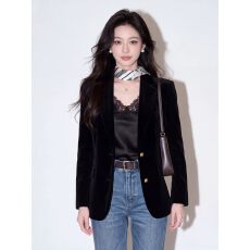 批发老钱风黑色丝绒西装外套女秋冬装2026新款法式轻熟小众不撞款上衣