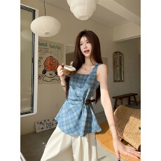 批发实拍~蓝色格子方领<b class='q'>吊带</b><b class='q'>背心</b>女夏季修身无袖设计感显瘦上衣