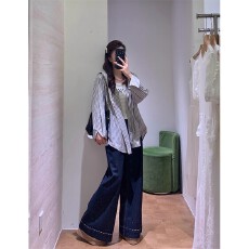 批发条纹连帽<b class='q'>长袖</b>时髦衬衣女2025新款小众设计感宽松简约衬衫