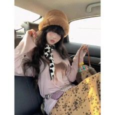 2025早秋女慵懒风插肩长袖手绘小马印花粉色t恤宽松休闲圆领上衣