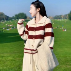 慵懒风2025一整套入冬穿搭温柔显瘦条纹针织上衣休闲裤两件套装女