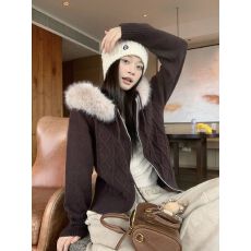 批发法曼斯复古咖色针织开衫外套女秋季新款休闲慵懒百搭连帽上衣AN