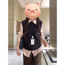 批发两件/套装日系小个子甜妹时尚风针织衫套头背心马甲+粉色长袖衬衫