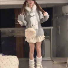 批发法式甜美<b class='q'>可爱</b>毛茸茸兔子提花粉色毛衣女学生宽松慵懒秋冬针织上衣