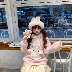 批发日系甜美可爱卡通粉色毛领毛衣<b class='q'>男</b>女秋冬宽松甜酷软糯针织衫<b class='q'>外套</b>潮