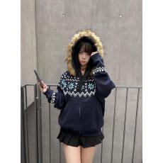 批发可拆卸毛领<b class='q'>潮牌</b>费尔岛花纹印花连帽<b class='q'>卫衣</b>秋冬高街情侣外套上衣